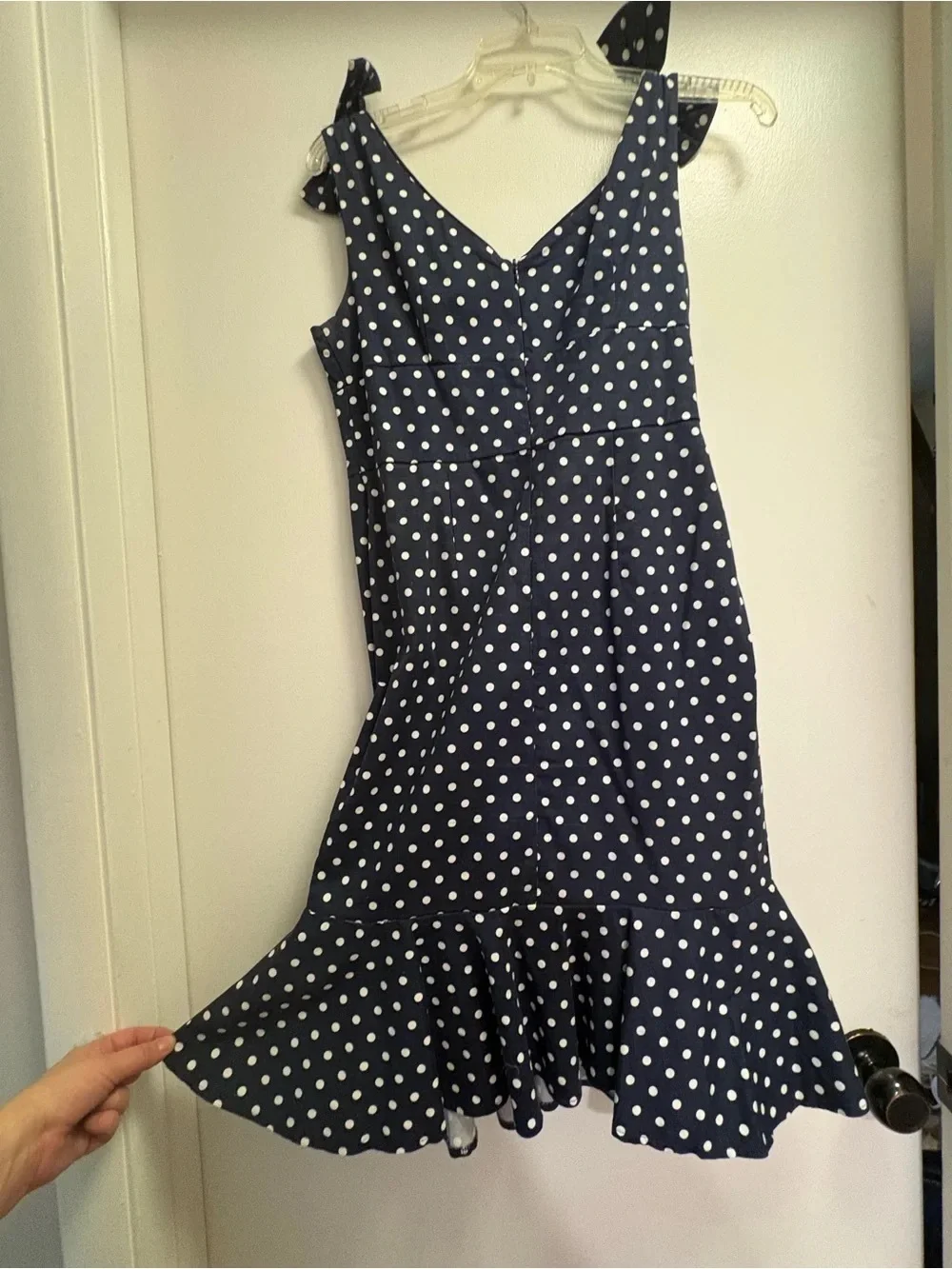 Navy Polka Dot Tie-Shoulder Dress